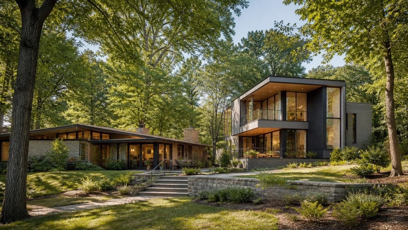 Modern and contemporary home exterior with clean lines, glass, wood, and concrete.