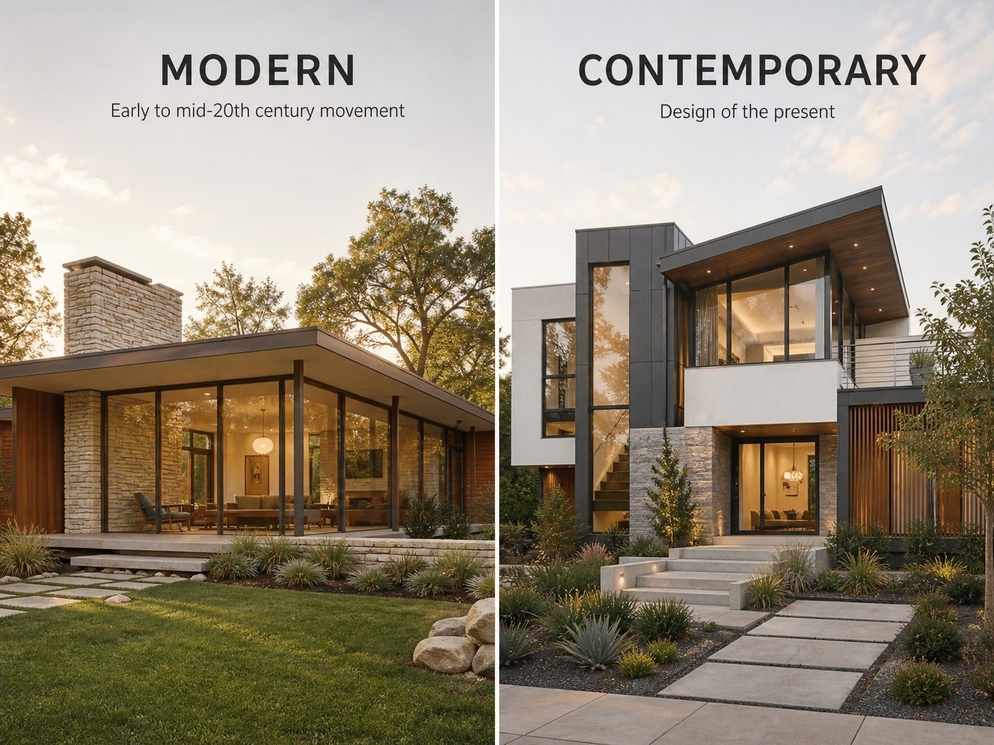 Comparison of modern and contemporary architecture characteristics.