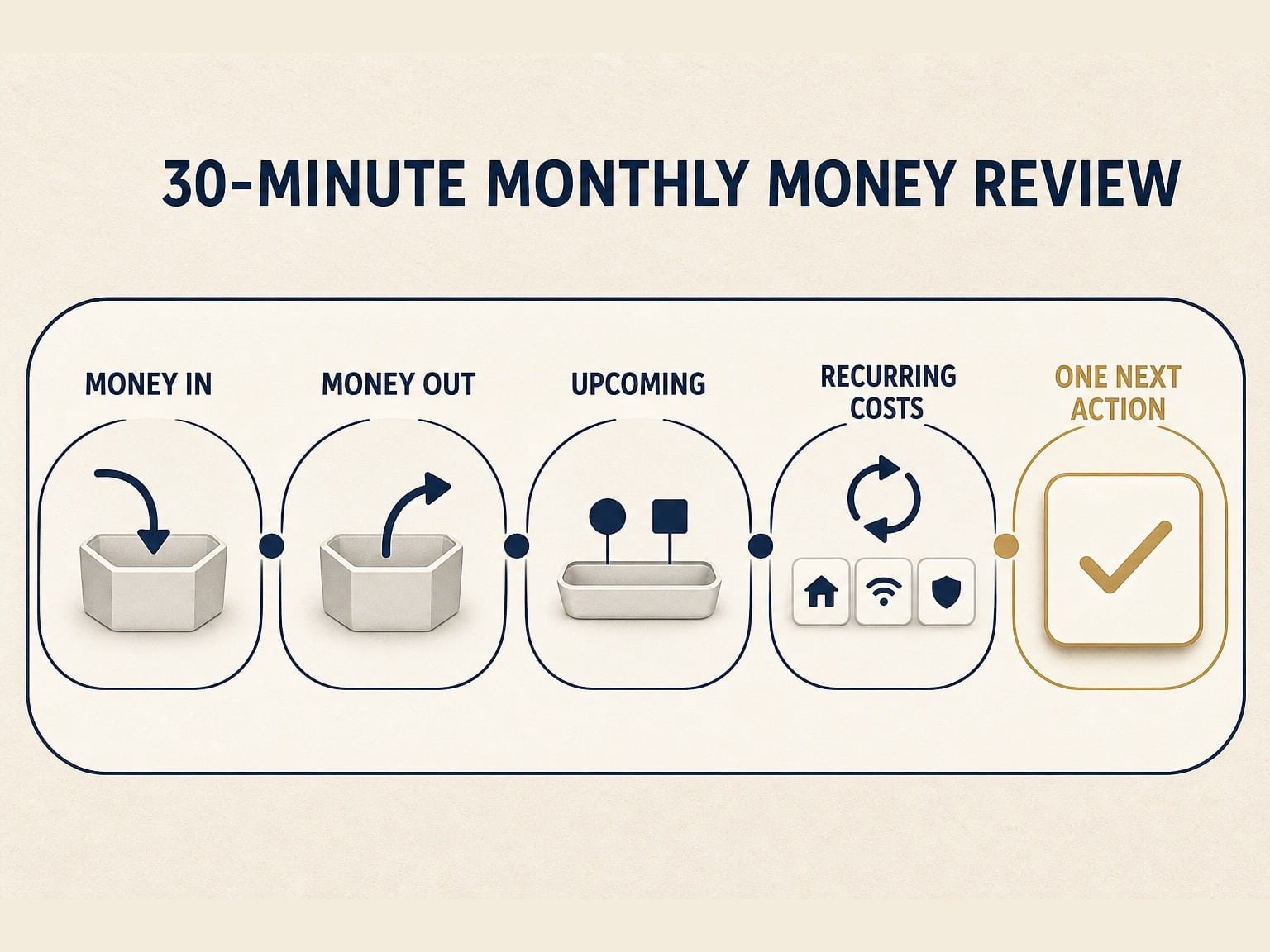 Monthly money review framework covering money in, money out, upcoming obligations, recurring costs, and one next action.