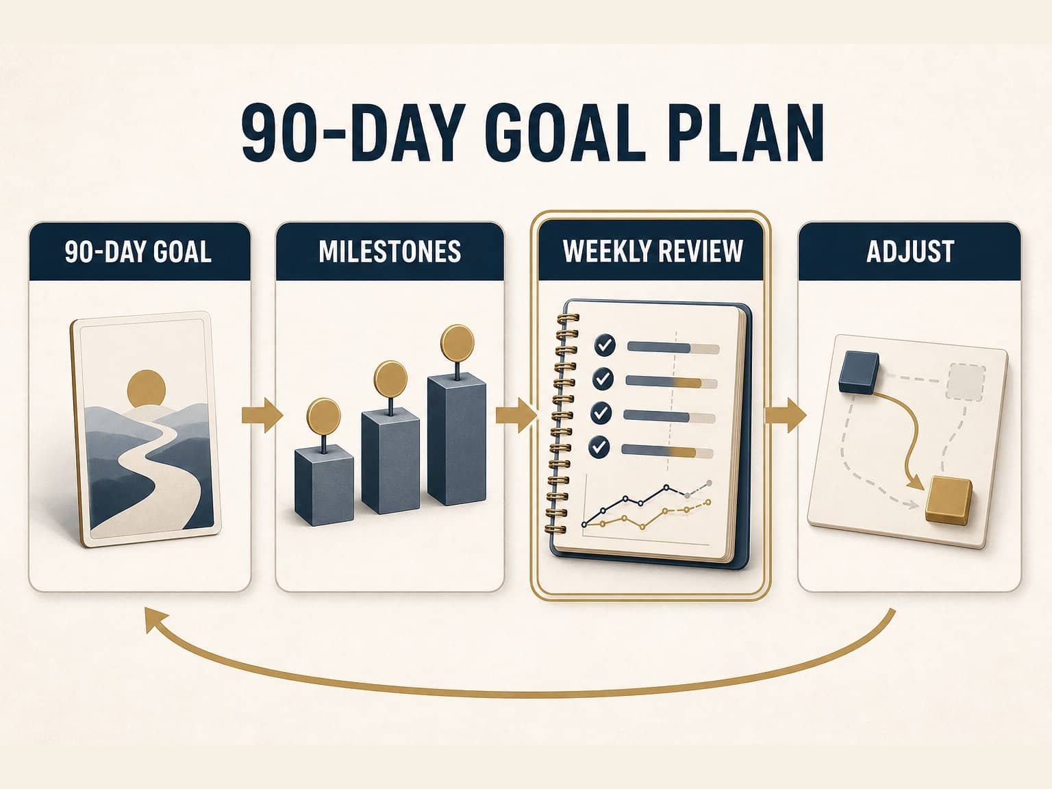 Goal, milestones, weekly actions, and weekly review framework for a 90-day plan.