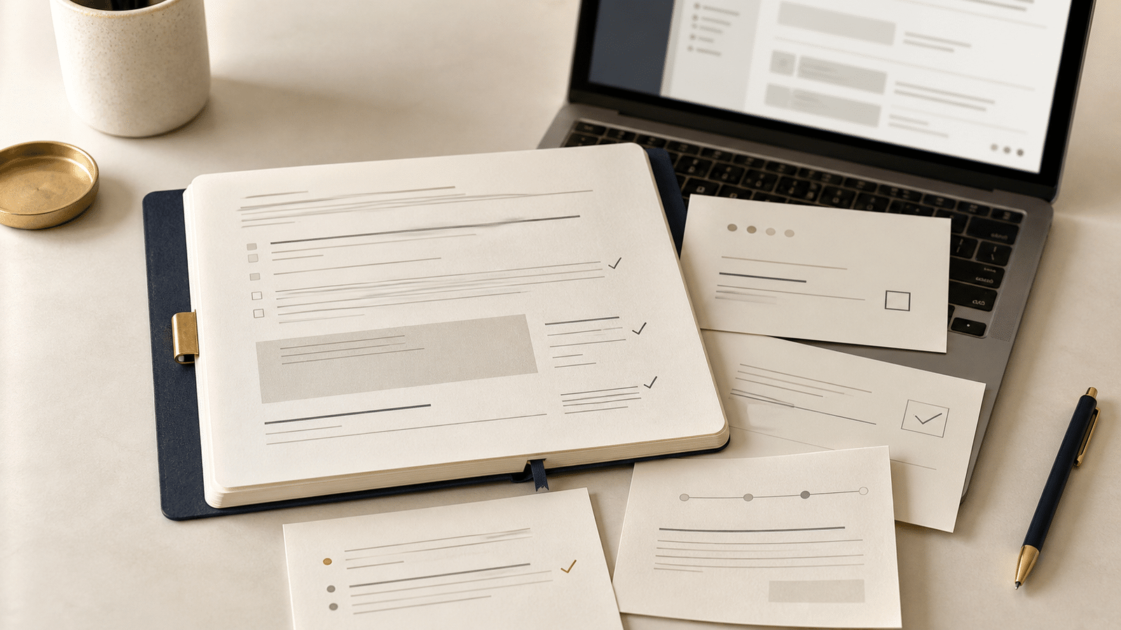 AI-assisted work document surrounded by review and correction notes on a cream desk
