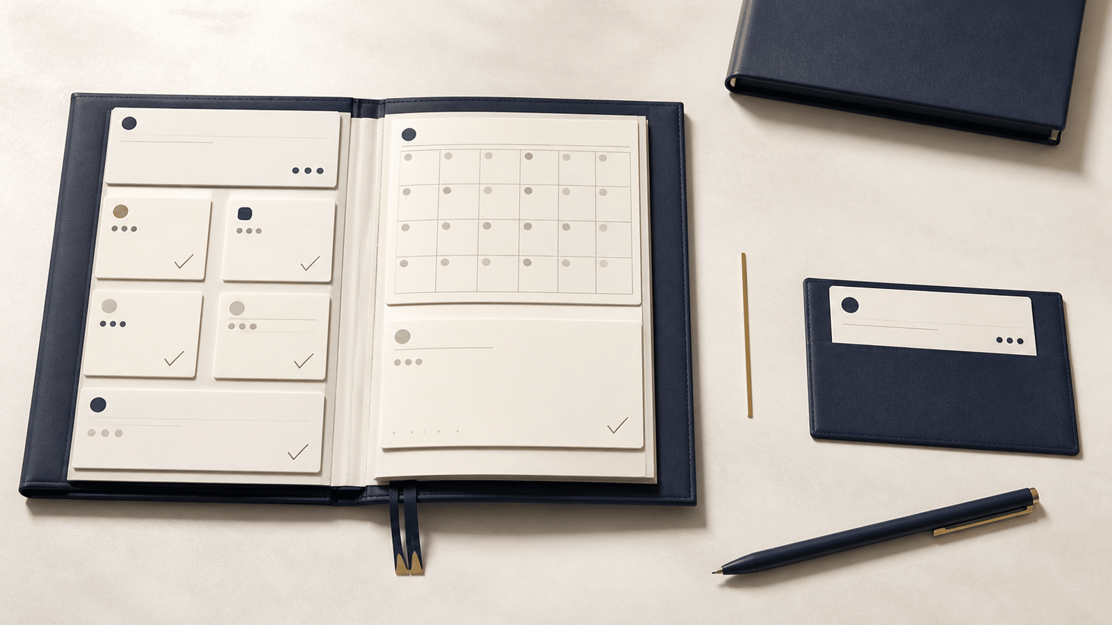 Open financial planning notebook with a separate reserve card on a cream desk