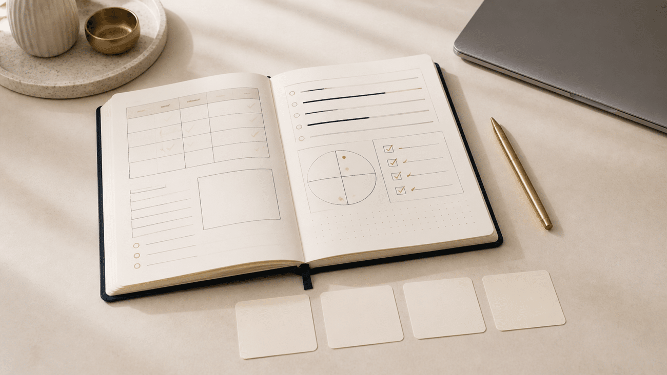 Open side project review notebook with four blank decision cards on a cream desk