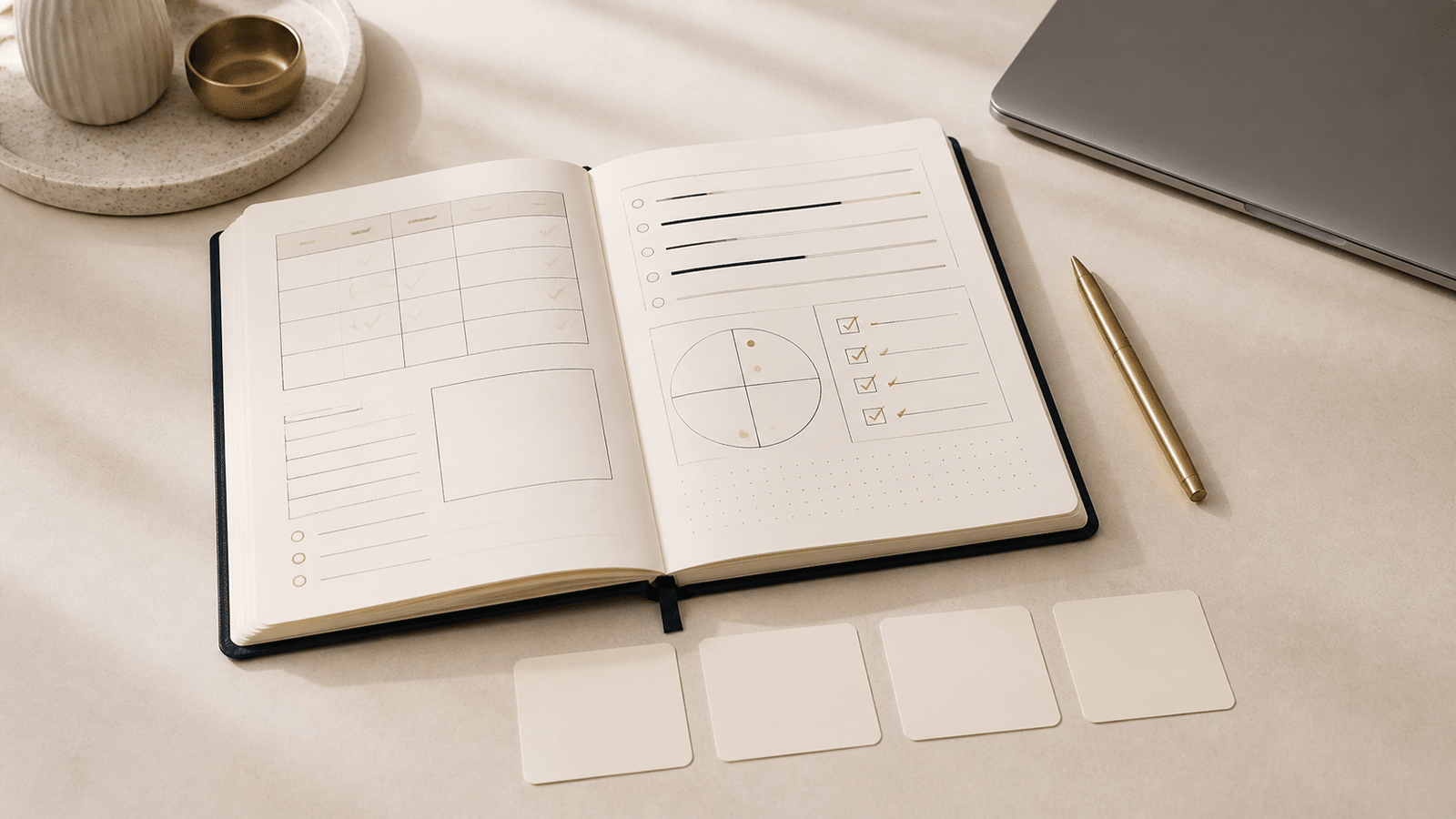 Open side project review notebook with four blank decision cards on a cream desk