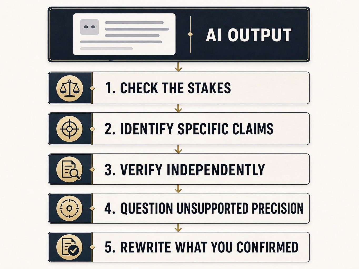 Five-step AI information verification decision process.