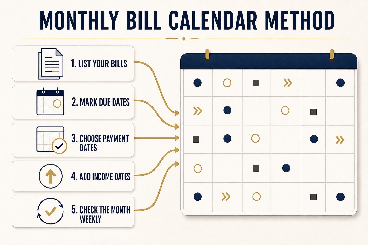 Five-step monthly bill calendar method for organizing bills and payment dates.