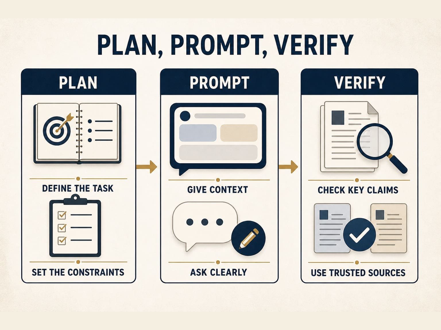 Plan, Prompt, Verify three-step AI workflow.
