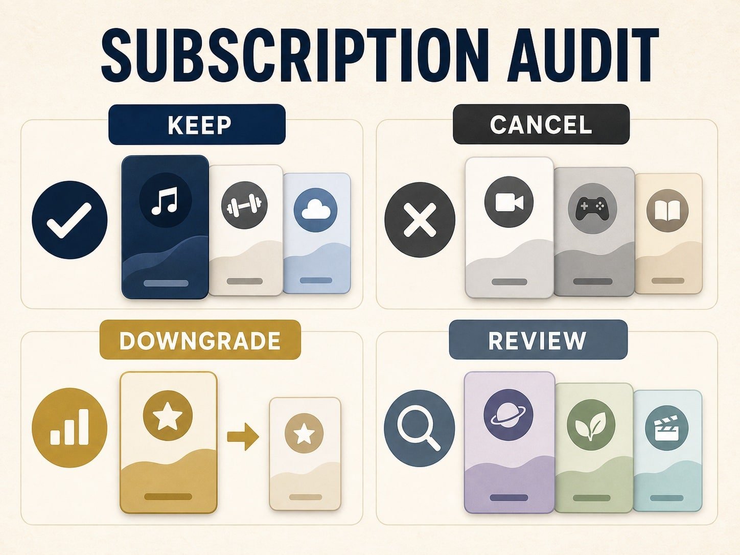 Keep, Cancel, Downgrade, Review subscription audit framework.