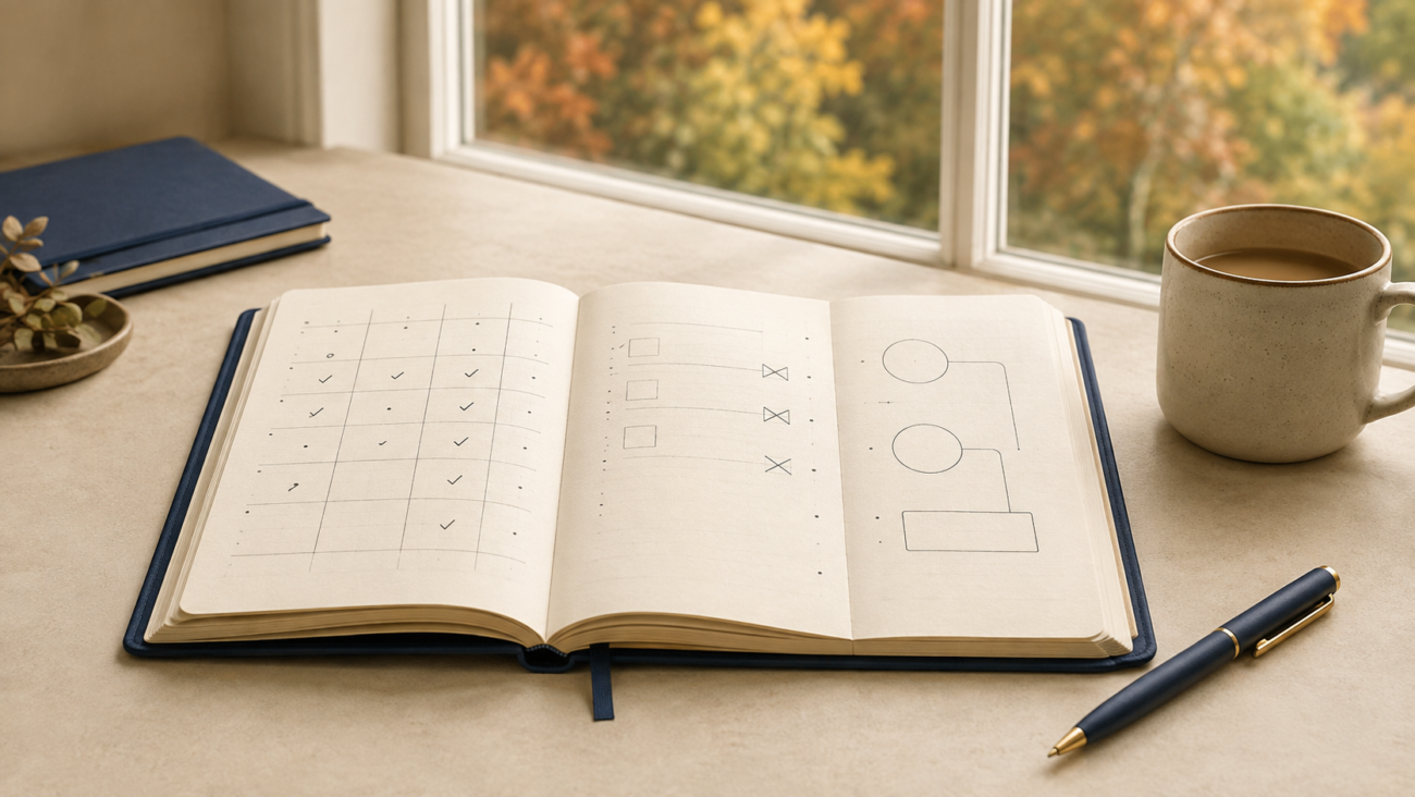 Open planner on a warm desk beside an autumn window with a mug and navy pen.