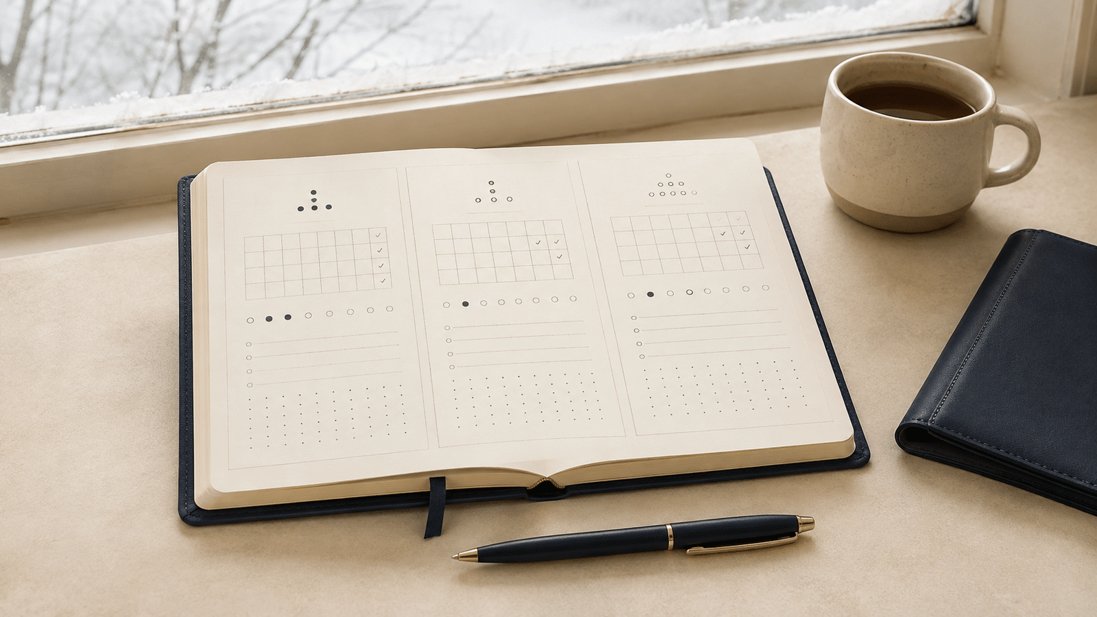 Open planning notebook by a snowy window with a warm drink, a calm winter planning scene