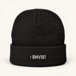 Quiet System Mark embroidered beanie in Black, front view