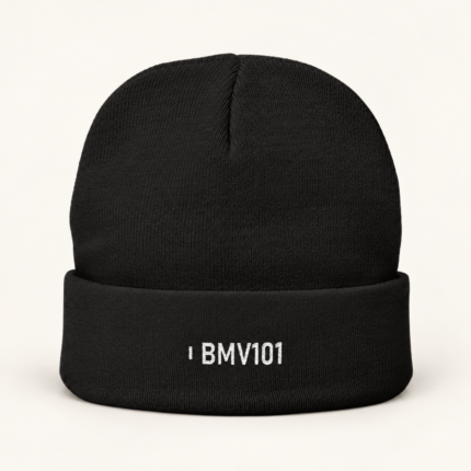 Quiet System Mark embroidered beanie in Black, front view
