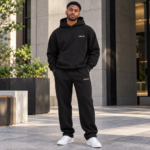 Black oversized hoodie and straight-leg sweatpants worn together, with small off-white chest and upper-thigh marks