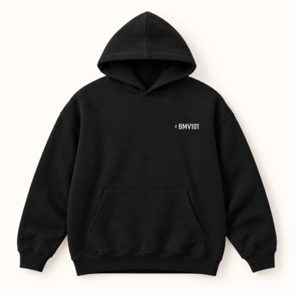Front of black oversized hoodie with a small off-white identifier on the wearer’s left chest