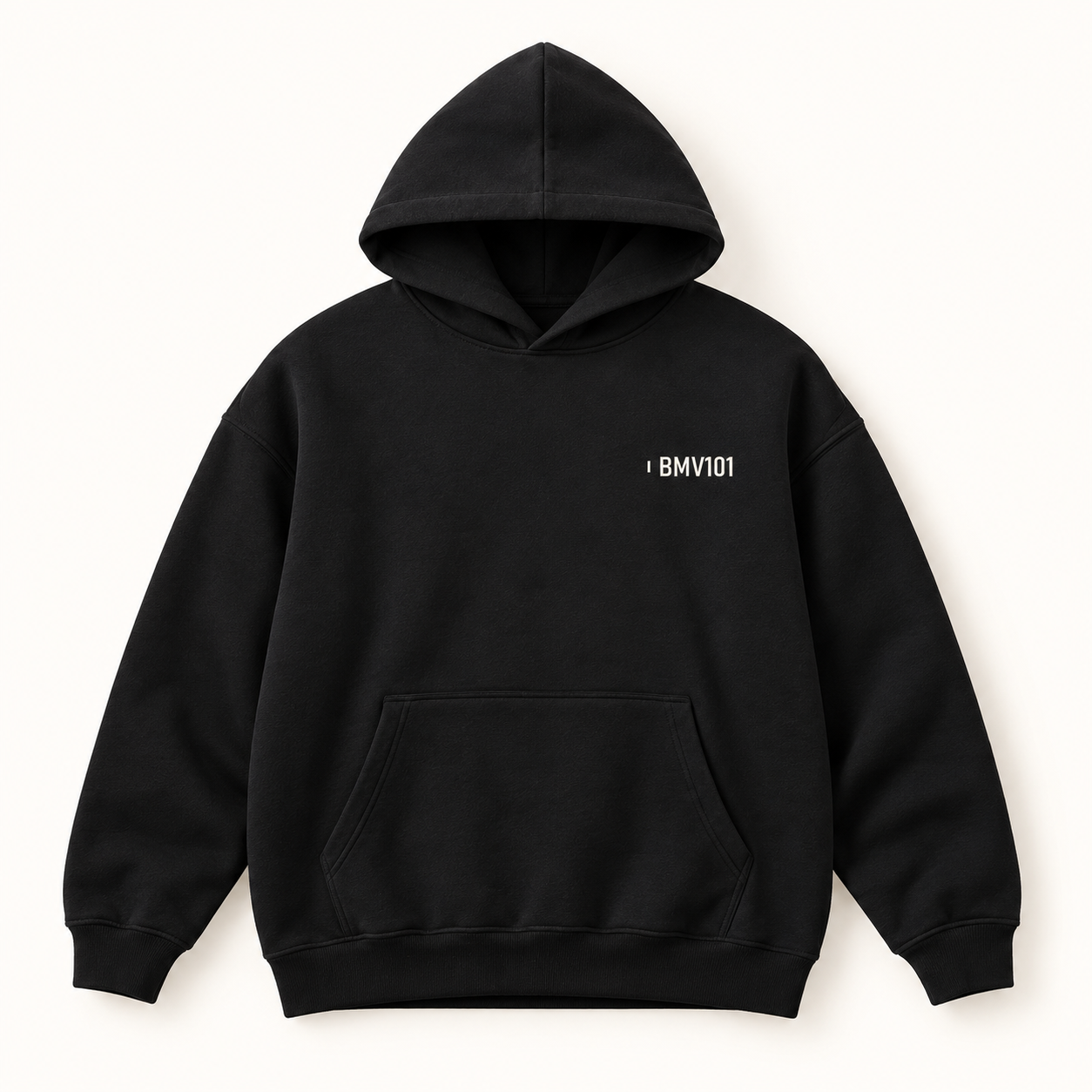 LOCK IN QUIETLY black hoodie front Front of black oversized hoodie with a small off-white identifier on the wearer’s left chest