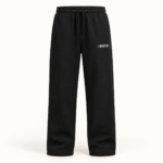 Front of black straight-leg sweatpants with a small off-white identifier on the wearer’s left upper thigh