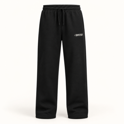 Front of black straight-leg sweatpants with a small off-white identifier on the wearer’s left upper thigh