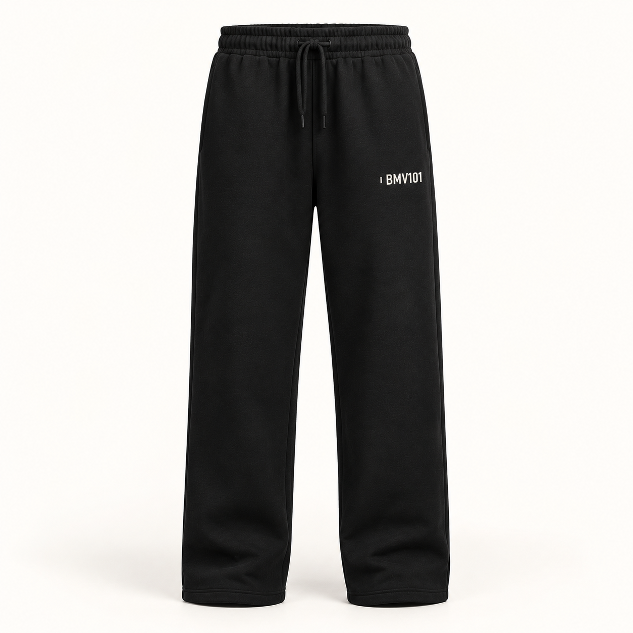 LOCK IN QUIETLY black straight-leg sweatpants front Front of black straight-leg sweatpants with a small off-white identifier on the wearer’s left upper thigh