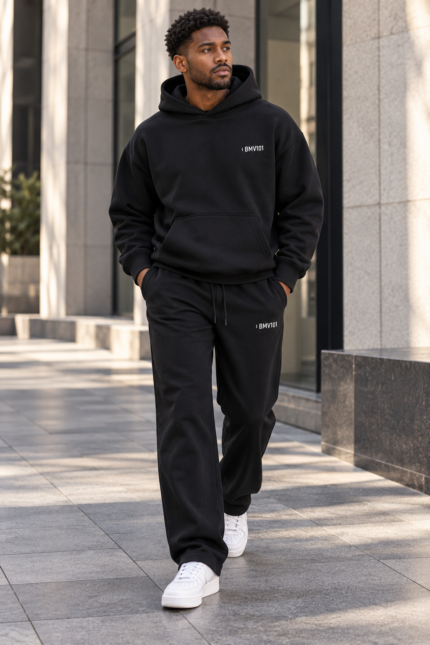Person walking outdoors in the black hoodie and straight-leg sweatpants, with chest and upper-thigh identifiers visible